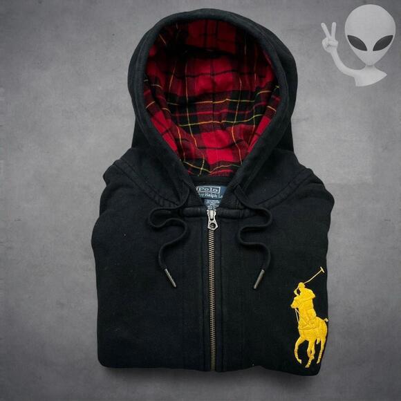 Polo Ralph Lauren Hoodie 2XL Black Double Zipper Plaid Lined Hood Big Pony 90s - Picture 7 of 7